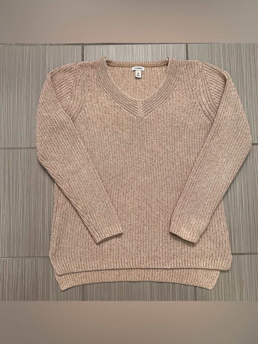 LL Bean beige tan cream knit cotton sweater medium